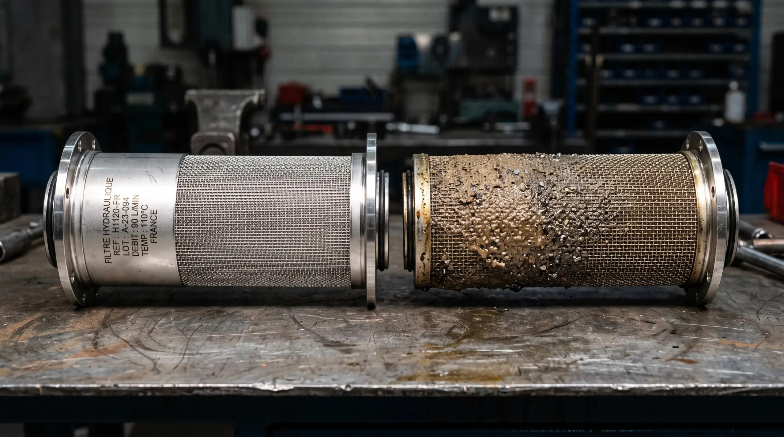 Deux filtres hydrauliques cylindriques à mailles métalliques inox côte à côte sur établi d'atelier : à gauche filtre régénéré aux mailles brillantes et propres, à droite filtre colmaté avec dépôts brunâtres et résidus métalliques incrustés