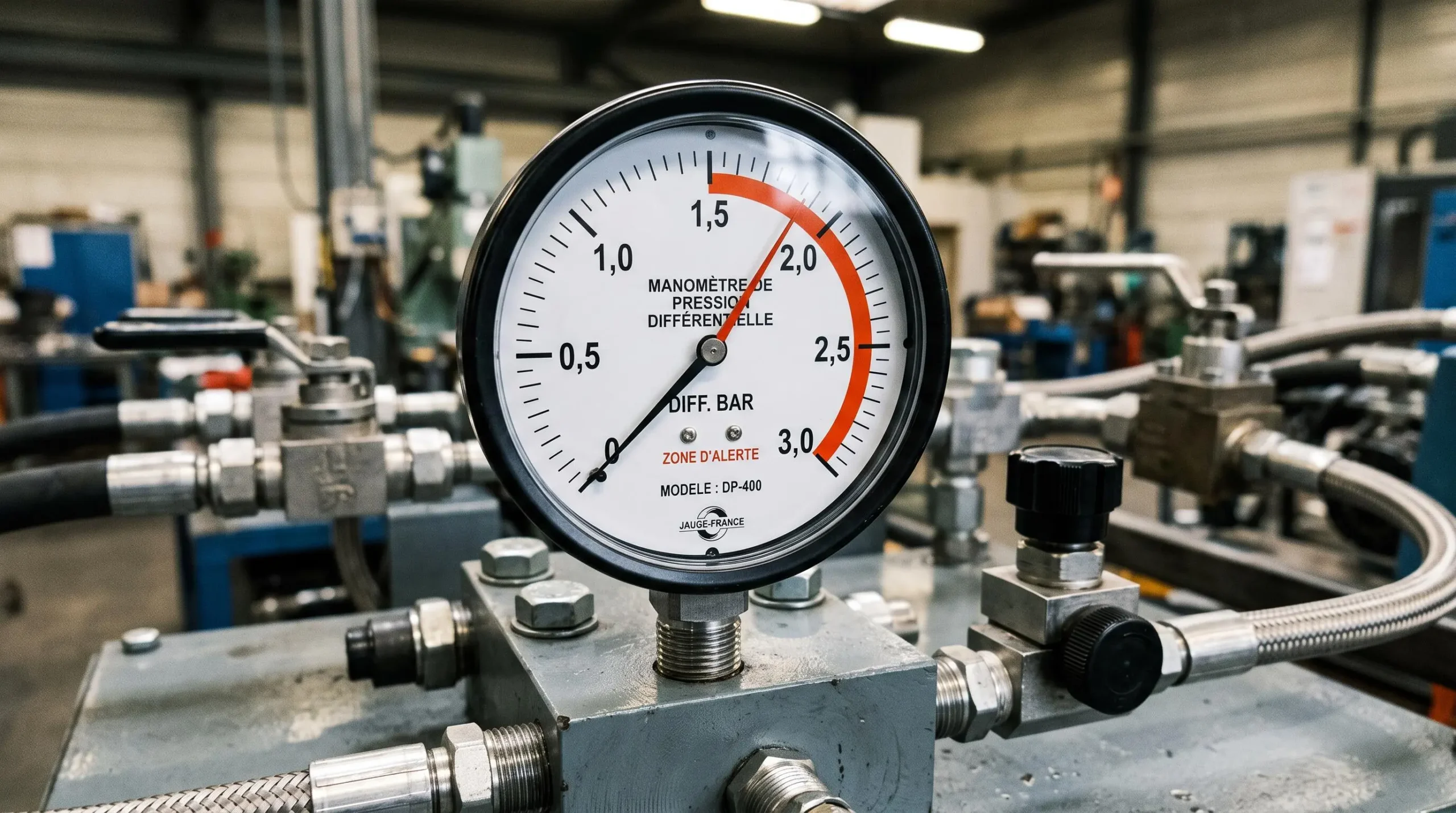 Manomètre différentiel de pression monté sur circuit hydraulique industriel, cadran gradué en bar avec aiguille indiquant 1,8 bar dans la zone d'alerte orange marquée, tuyauterie acier visible en arrière-plan