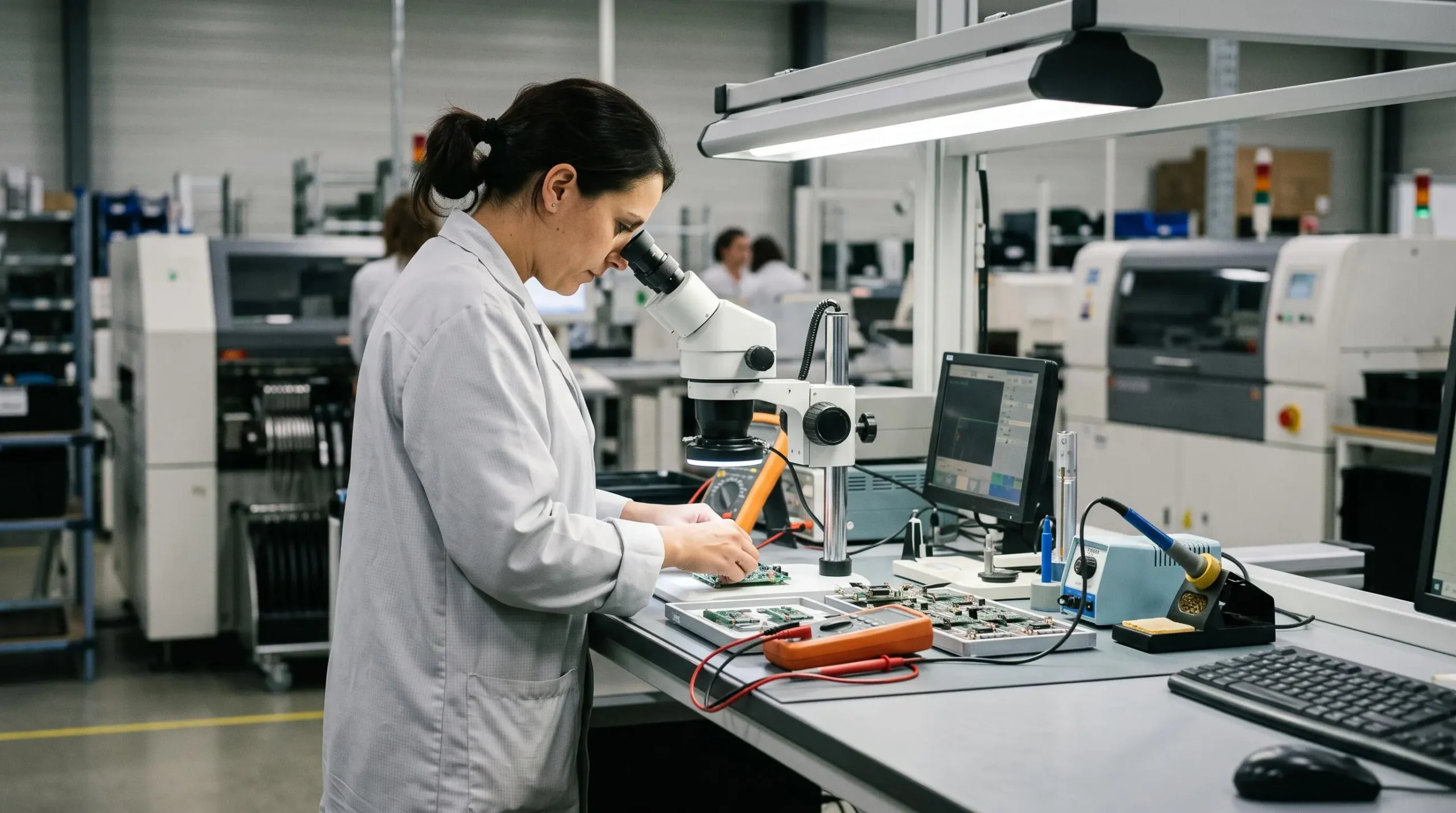 Technicienne effectuant un contrôle qualité sur des pièces assemblées dans un poste d'inspection industriel