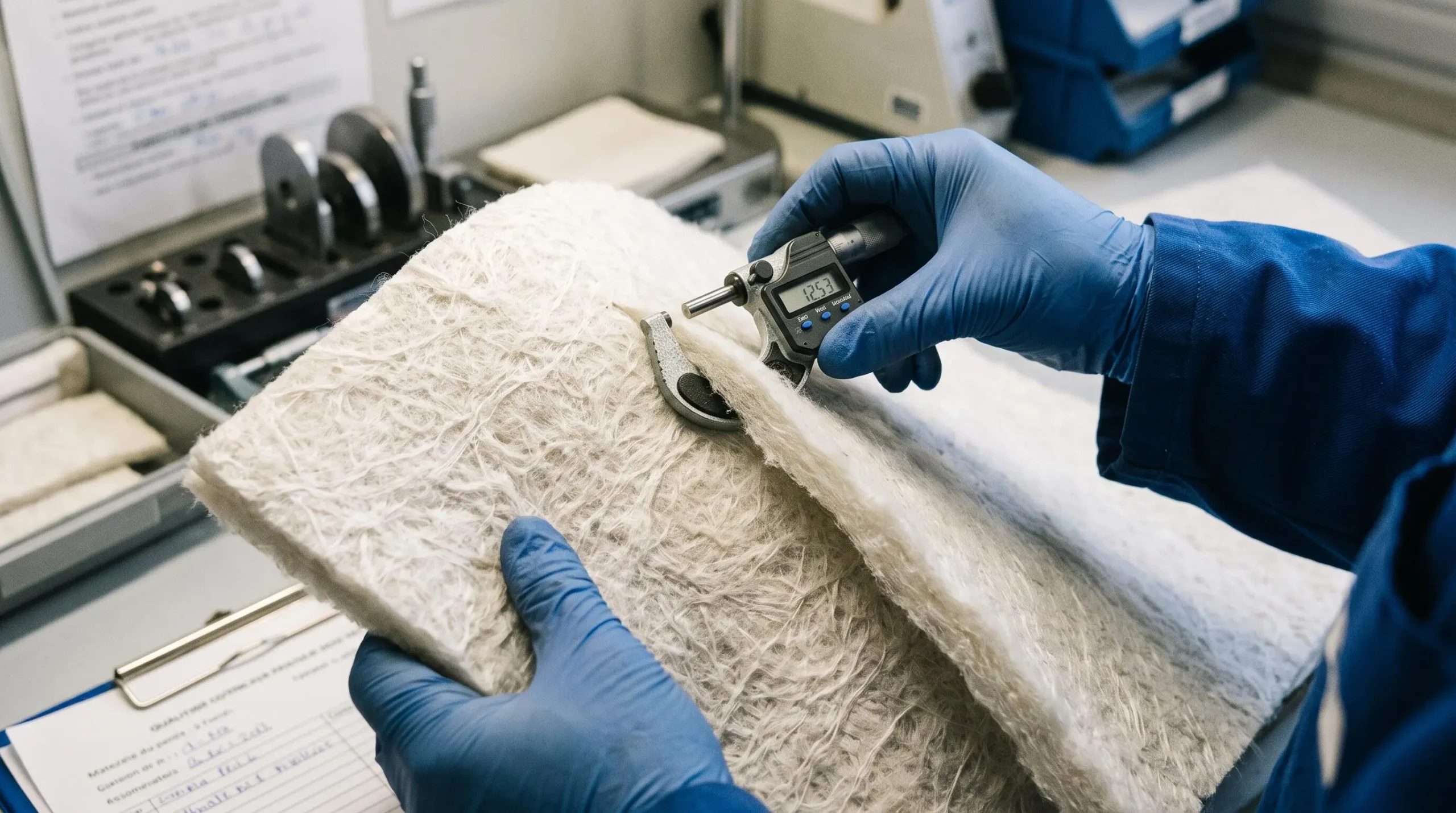 Gros plan sur les mains d'un technicien examinant un feutre de filtration industriel avec un instrument de mesure de précision