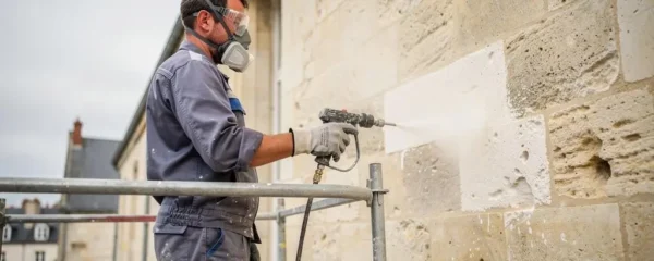 Professionnel réalisant un hydrogommage sur une façade en pierre de tuffeau à Cholet