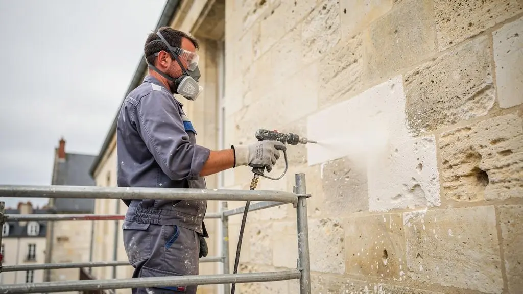 Professionnel réalisant un hydrogommage sur une façade en pierre de tuffeau à Cholet