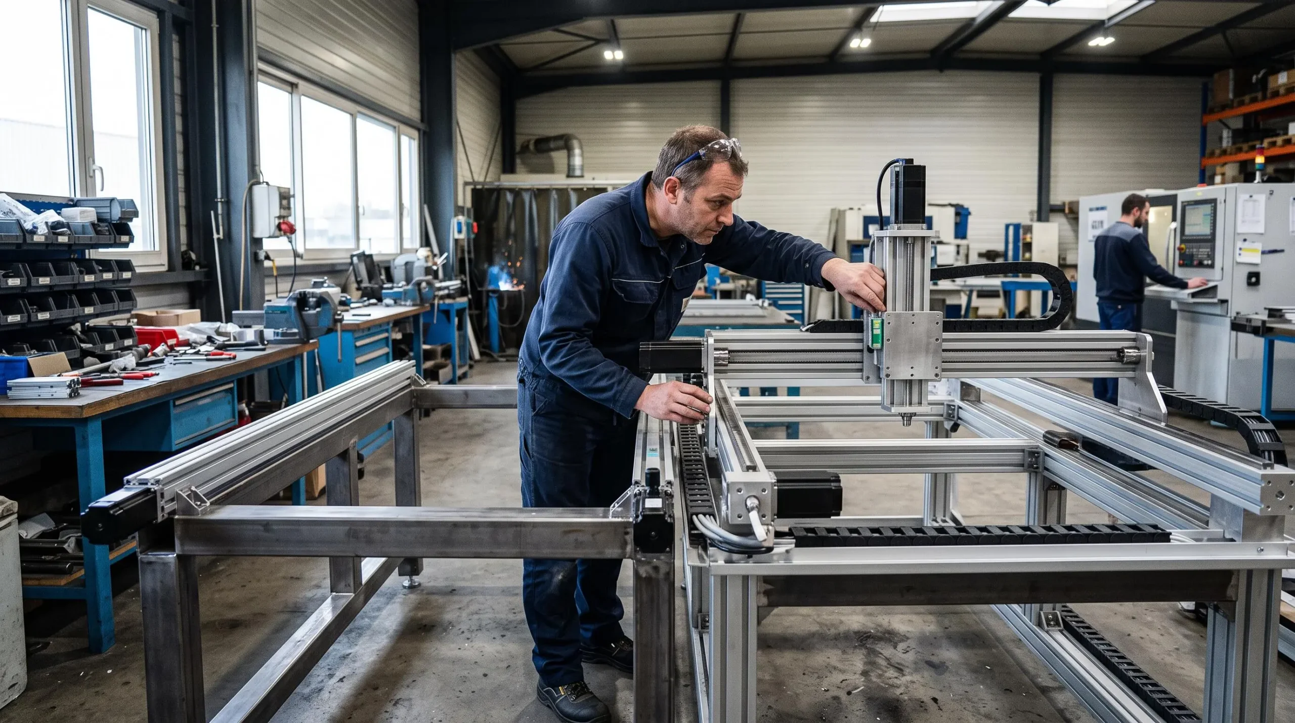 Ingénieur supervisant l'assemblage d'une machine spéciale dans un atelier d'intégration industrielle moderne