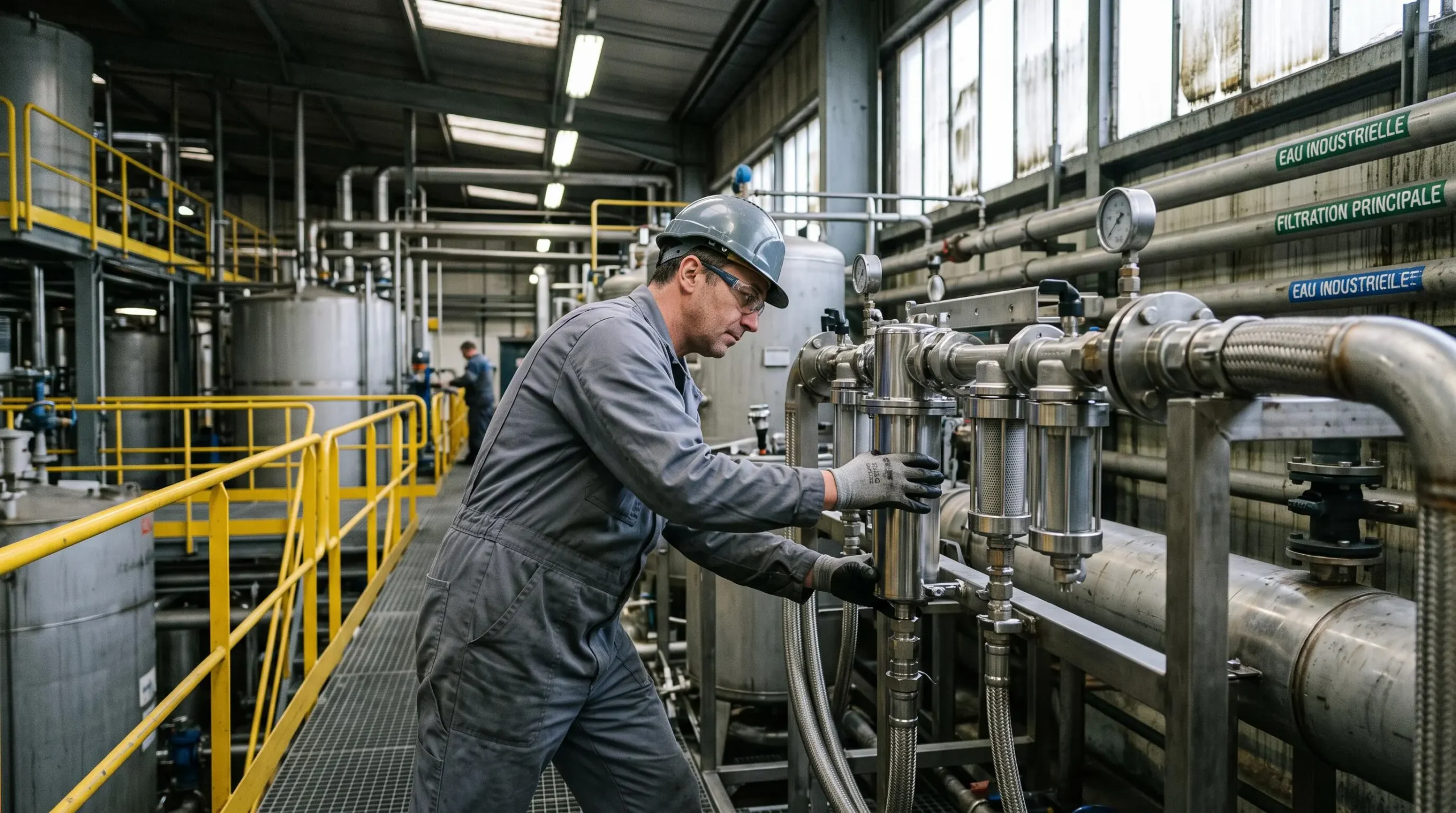 Technicien installant un module de filtration sur-mesure dans une ligne de production industrielle