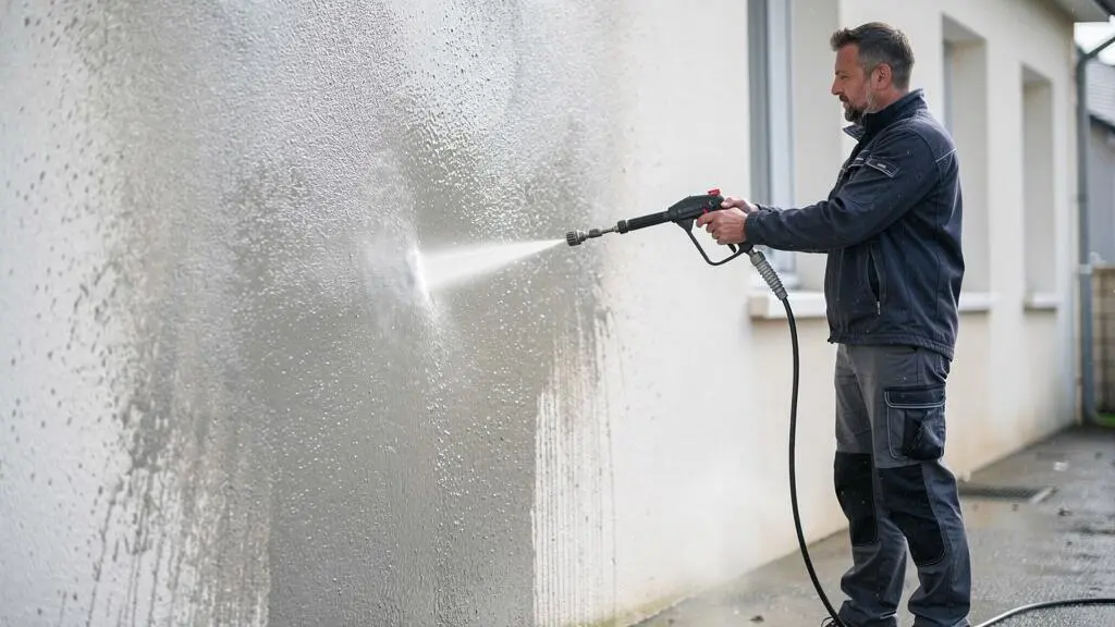 Professionnel utilisant un nettoyeur haute pression sur une façade en crépi