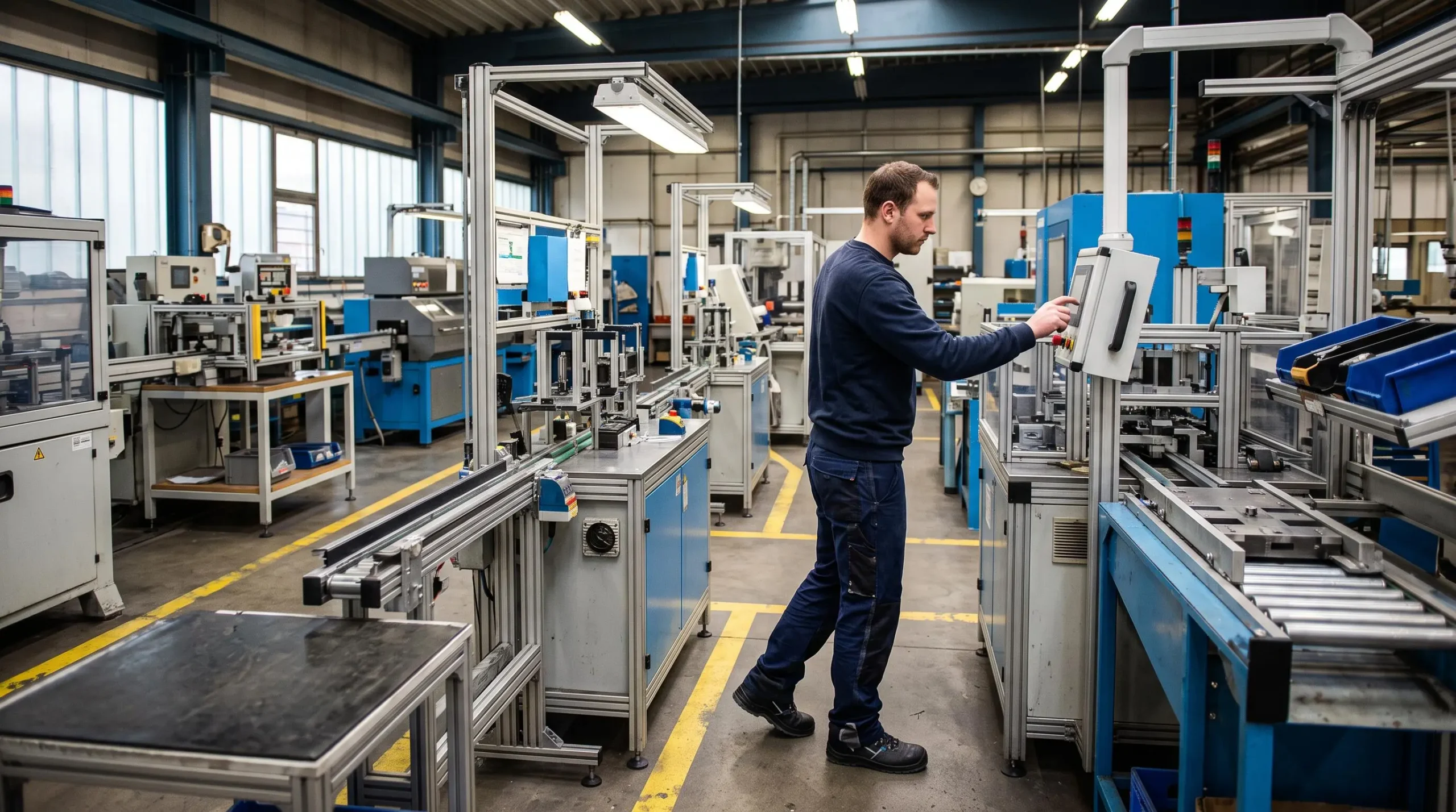 Opérateur ajustant les paramètres d'une ligne de production modulaire dans un atelier de fabrication polyvalent