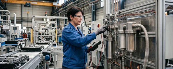Technicien inspectant un système de filtration haute précision sur une chaîne d'assemblage industrielle