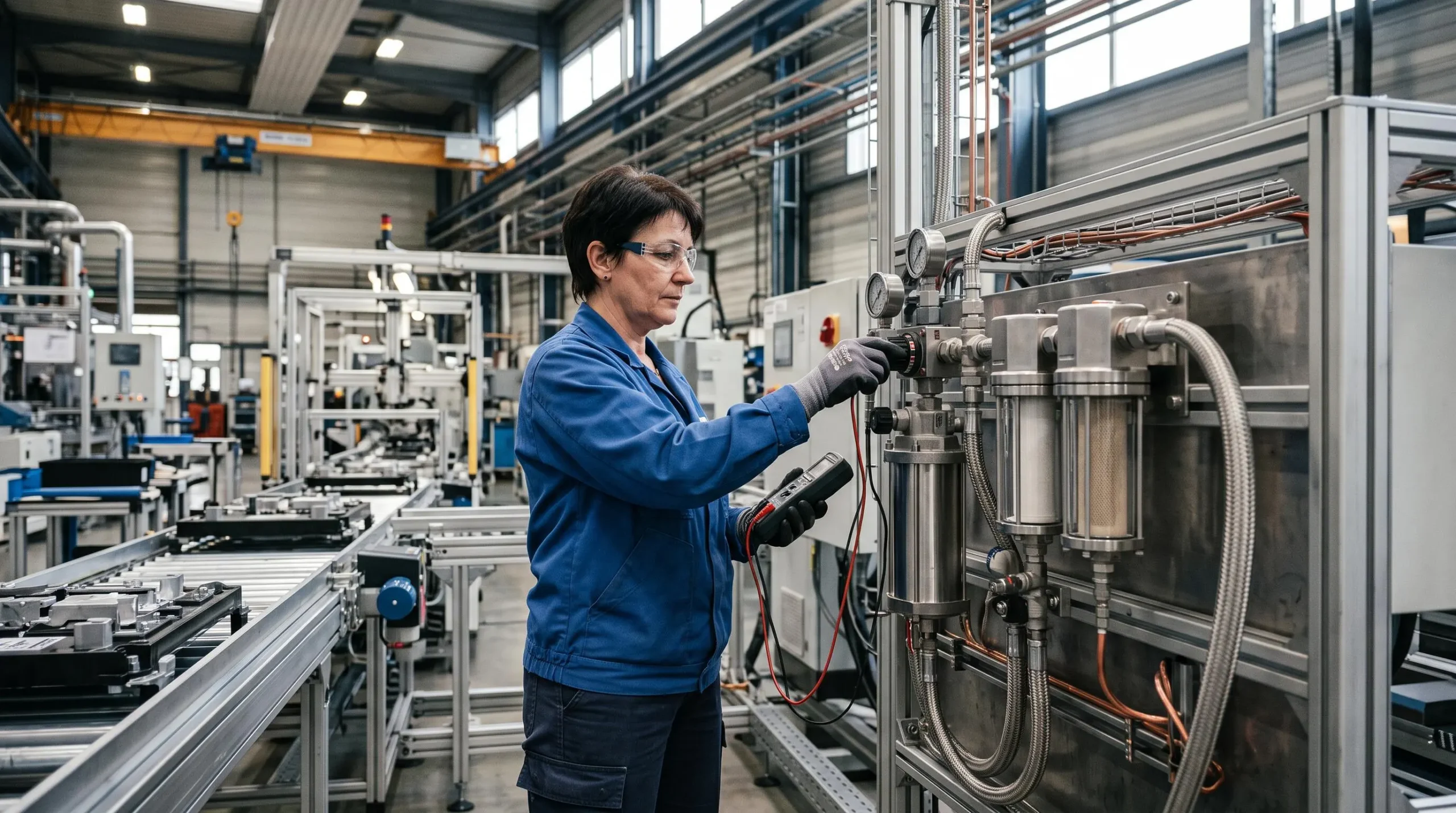 Technicien inspectant un système de filtration haute précision sur une chaîne d'assemblage industrielle