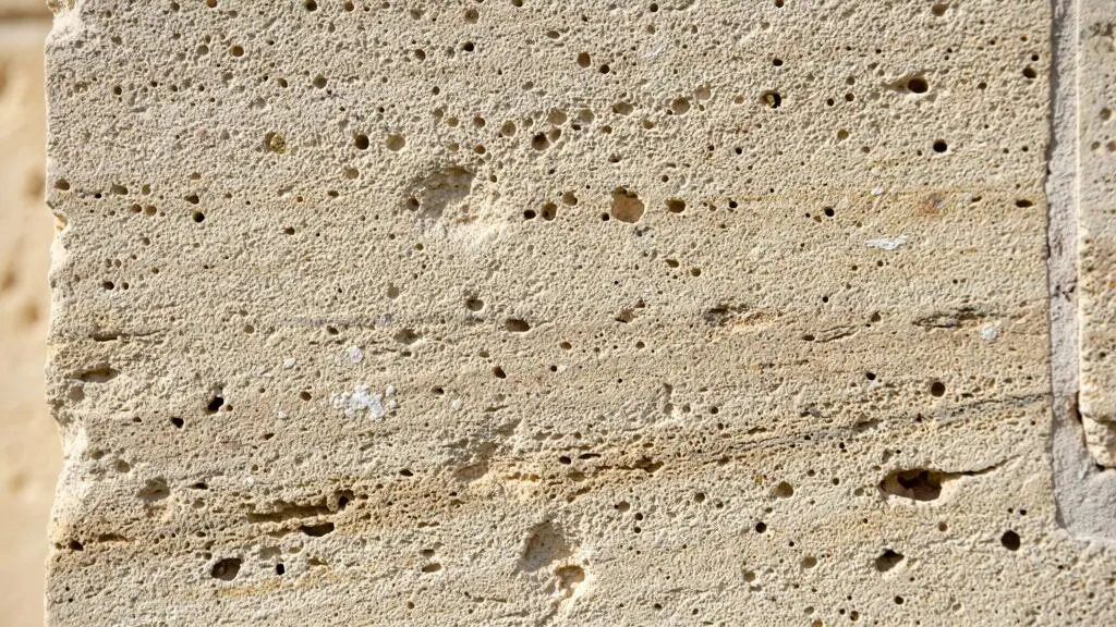 Gros plan sur la texture poreuse d'une façade en pierre de tuffeau montrant sa structure naturelle