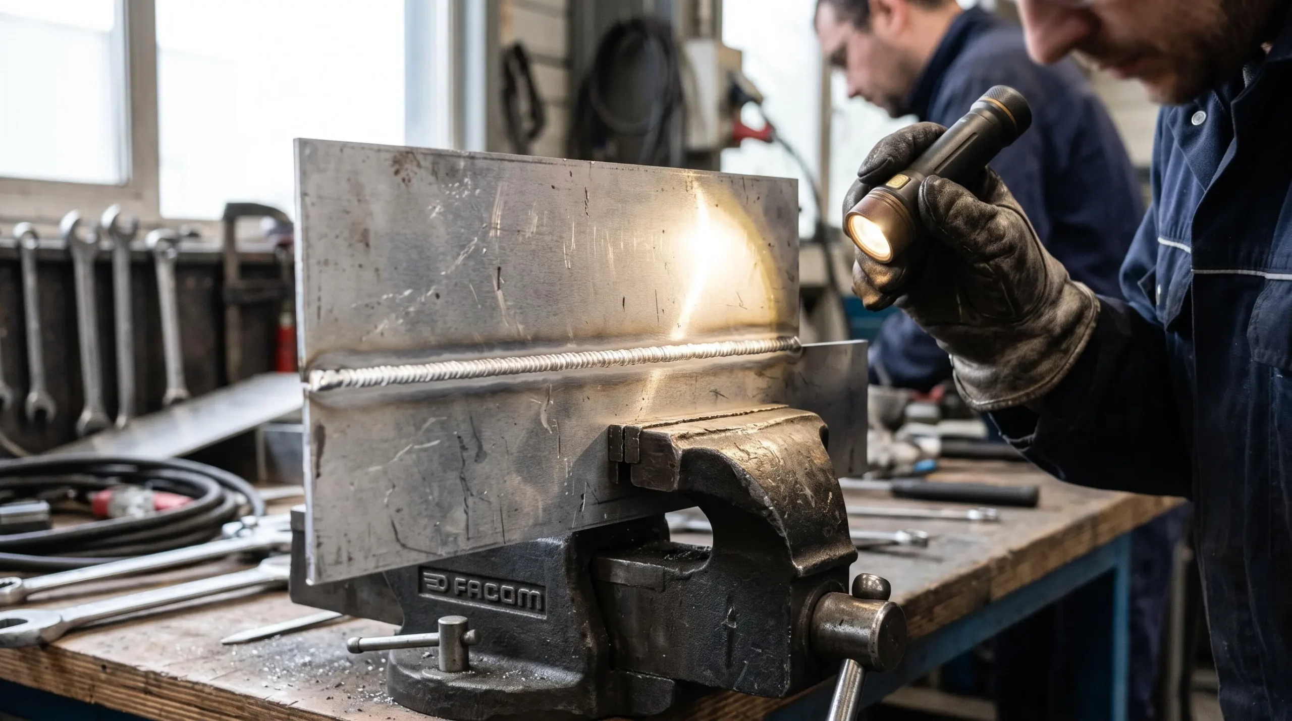 Un soudeur inspecte un cordon de soudure laser sur une pièce d'aluminium tenue dans un étau.