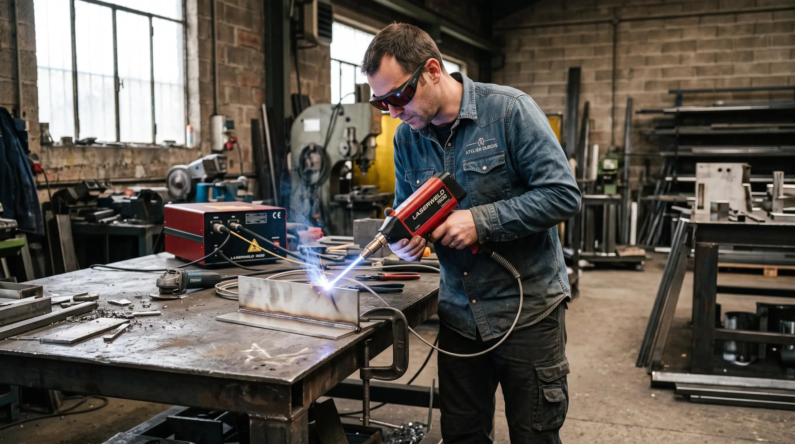 Un soudeur utilise un poste à souder laser portable sur une pièce en acier dans un atelier.